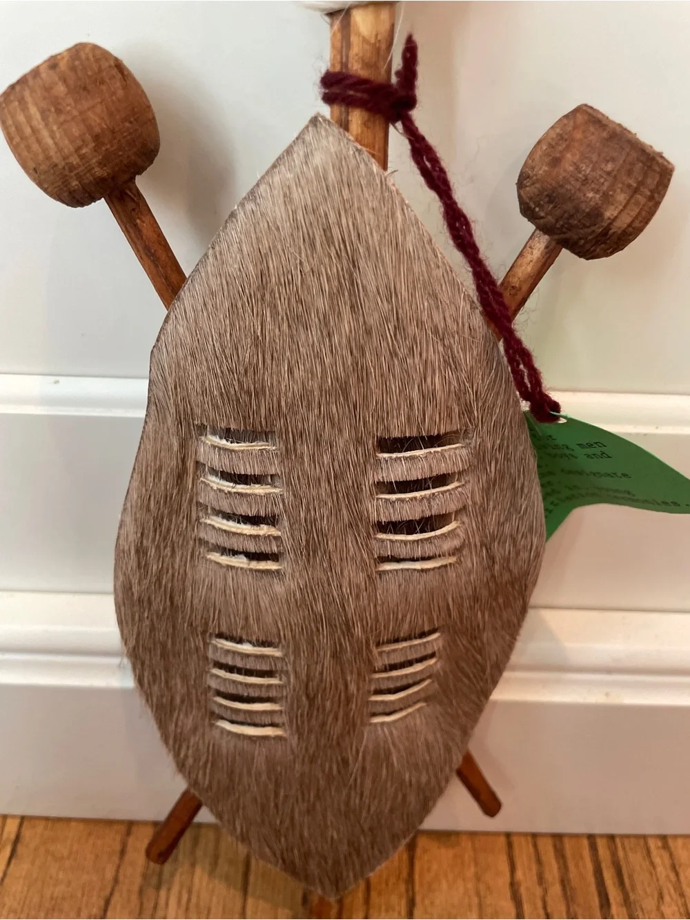 African Hide Shield Folk Art Wood Spears Ceremonial Style Wall Decor 12”